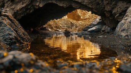 Stunning Cave with Glimmering Gold Reflections on Water Surface