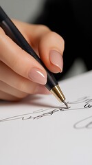 Close-up of female hand with manicured nails writing with pen