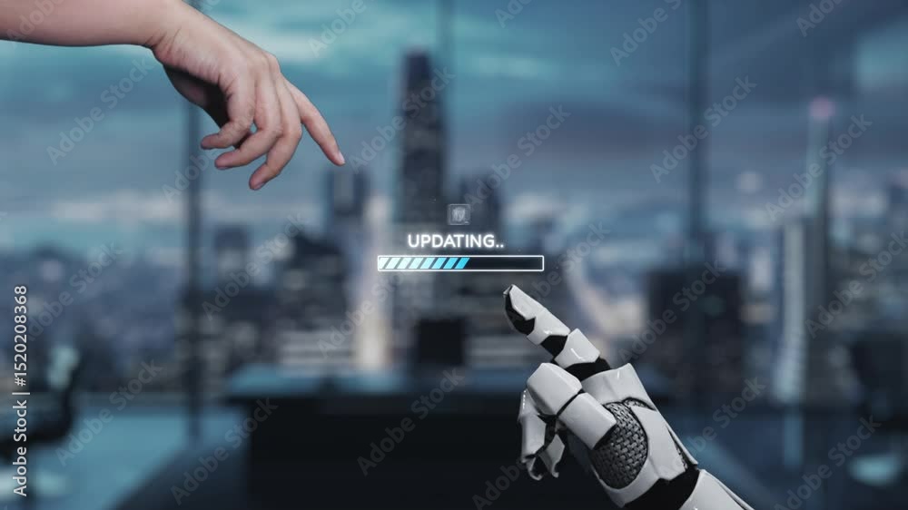 Poster a human hand reaches out to interact with a robotic hand, displaying a loading progress bar and vari