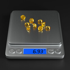 Precise digital scales with topazes on the black background. Front view. Jewelry industry. 3d rendering.