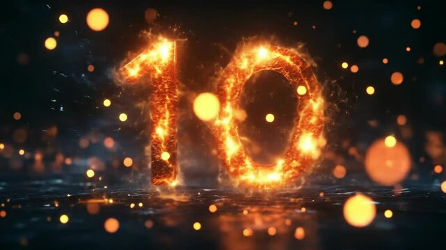 Fiery number ten with sparks, dark background with bokeh lights