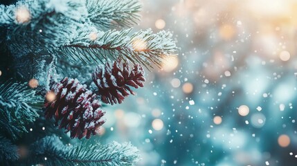 Snow-covered pine cones on branches with warm light and falling snowflakes