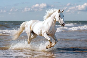 Magnificent white horse galloping along the shoreline with splashing water