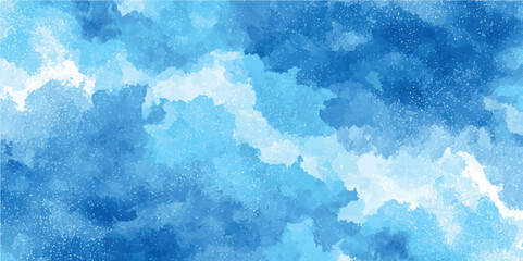 a magic night lanscape with starry sky. Deep blue watercolor background with fluid grunge texture