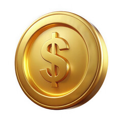 A 3D rendering of a golden coin featuring a prominent dollar sign, isolated on a transparent background. Ideal for financial or monetary themed designs.