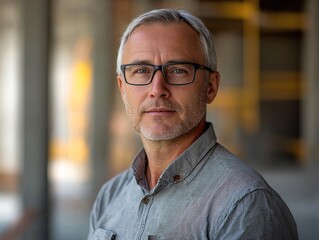 Portrait of Confident Professional Middle-Aged Man in Glasses with Stoic Expression and Friendly Demeanor in Urban Workplace Setting