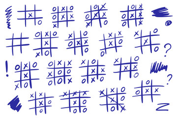 Tic-tac-toe game variations in school notebook with multiple draw, win, lose games. Vector illustration of hand drawn blue marker squiggles on white paper. Educational logic games.