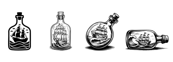set of vintage miniature sailing ship in a bottle vector illustrations, maritime craft and nautical souvenir

