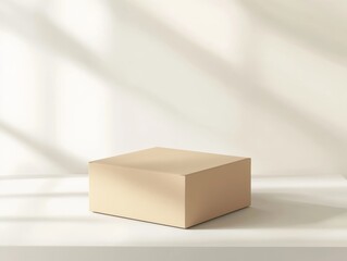 Minimalist Beige Rectangular Box On White Surface With Shadows
