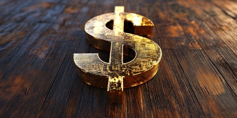 Shiny Gold Dollar Sign On Sunlit Wooden Table Background
