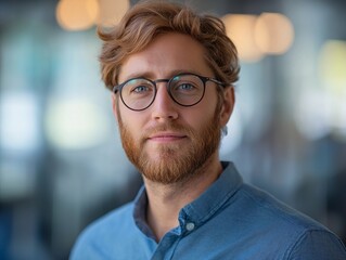 Confident Young Professional Male Portrait. Hipster Glasses, Beard in Modern Urban Workspace
