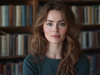 Portrait of a Thoughtful Young Adult Female in a Cozy Library. Engaging in Study and Education with Books