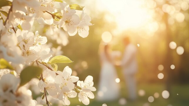 Spring blossom wedding couple at golden sunset
