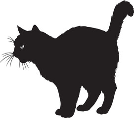 Silhouette of a black cat with whiskers posing against a clean white background