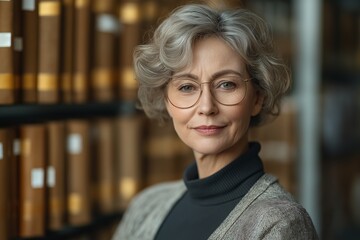 Elderly Woman in Stylish Glasses Presides Over Library in Thoughtful Portrait - Experience, Wisdom, and Academic Knowledge in a Serene, Warm, and Intellectual Ambiance