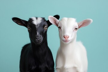 Obraz premium Young white and black goats standing together against a neutral background, playful duo