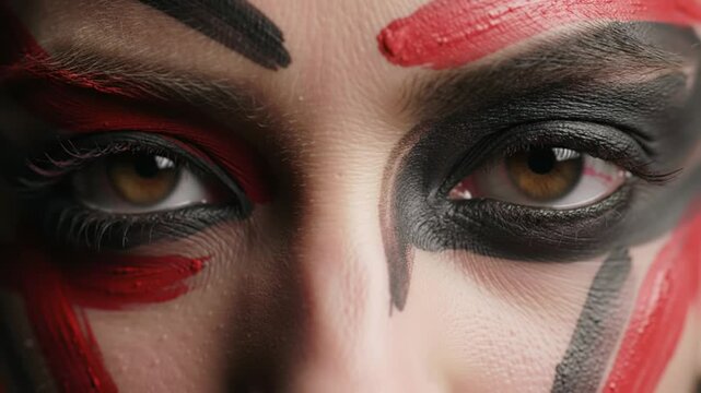 Brown-eyed woman's face with dramatic makeup and long eyelashes in a captivating close-up