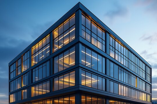 Modern Architecture in Urban Design. Illuminated Glass Building in Business District with Geometric Design and LED Lighting - Professional Office Space at Night Skyline