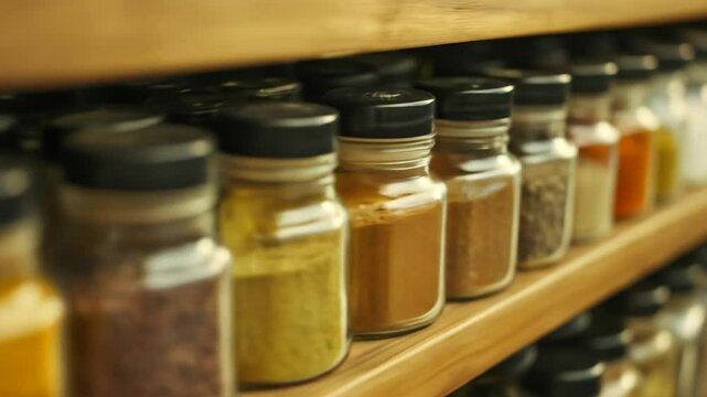 Assorted spices in glass jars sit on a wooden shelf, warm tones