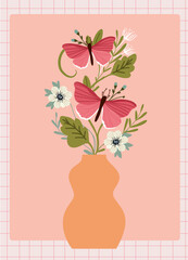 Pink and Red Butterflies in vase, aesthetic bouquet, cute decoration, graphics for party girl, birthday card design, spring theme