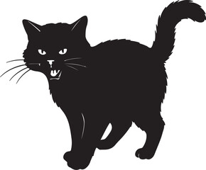 Silhouette of a black angry cat displaying fangs with spiked tail and whiskers illustration