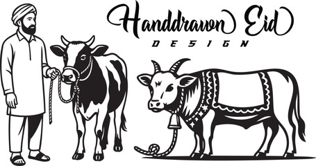 Man with Eid Cattle Handdrawn Sketch