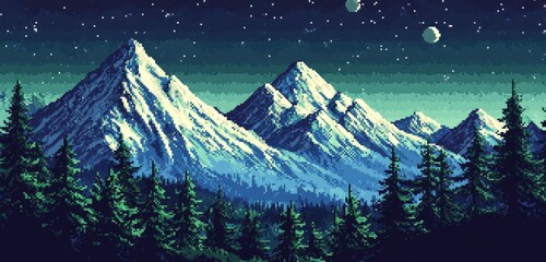 Pixel art mountain landscape at night. Serene, cold atmosphere. Ideal for game design, websites, or print. Perfect background image.