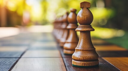 Wooden Chess Pawns in a Row on a Sunlit Outdoor Chessboard