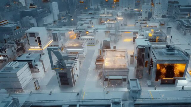 White architectural structures transforming dynamically, illuminating orange glow penetrating translucent urban fog, revealing immersive science fiction cityscape environment