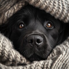 Adorable Black Labrador Wrapped in Cozy Blanket. Captivating Close-Up of Snuggly Pet Indoors