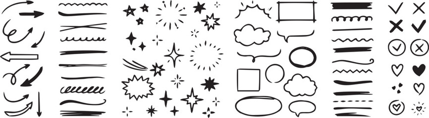 Line sketch star, text, arrow, heart decoration element icon set. Hand drawn sketch doodle cute star, emphasis, flower element. Pen line, brush, love text decoration shape icon. Hand drawn vector
