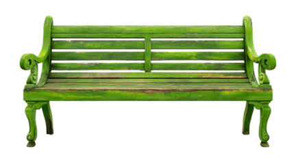 Weathered Green Park Bench Adorned with Moss Isolated on a Transparent Background