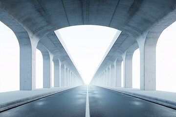 Modern Urban Overpass Architecture. Minimalist Concrete Bridge in a Misty Cityscape - Aerial View of Elevated Road and Transportation Infrastructure