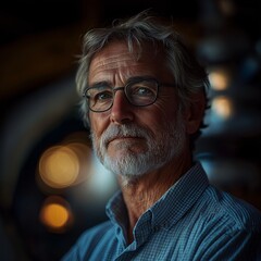 Introspective Portrait of a Senior Man with Gray Hair and Glasses in Blue Shirt - Aged Charm and Sophisticated Expression