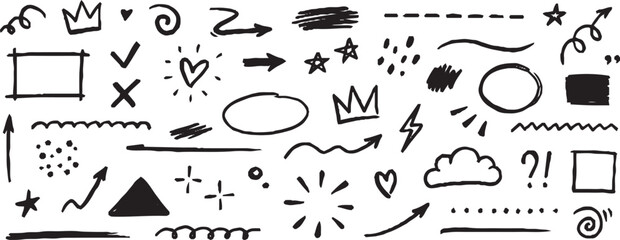 Line sketch star, text, arrow, heart decoration element icon set. Hand drawn sketch doodle cute star, emphasis, flower element. Pen line, brush, love text decoration shape icon. Hand drawn vector