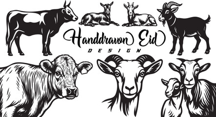 Goats and Cow Line Art Illustration © Meysood