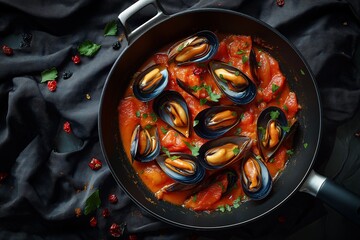 Delicious Mussels Stew in Tomato Sauce. Appetizing Seafood Dish with Fresh Ingredients - Top View Food Photography