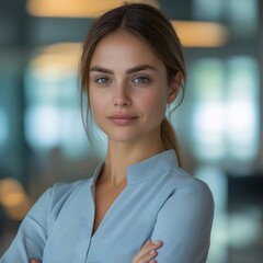 Confident Professional Female Businesswoman Portrait. Smiling Modern Entrepreneur in Blue Shirt, Indoor Office Headshot