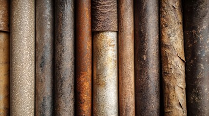 Rustic, textured background image.  Various rolled materials in earthy tones. Ideal for design projects, websites, and print. Perfect for adding a vintage feel.