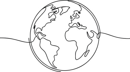 One line globe, earth planet outline, Continuous one line art drawing of earth planet, Globe, geography vector outline, Single line illustration of world map 