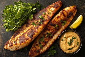 Grilled Fish Gourmet. A Tasty Modern Cuisine with Fresh Herbs and Lemon - Healthy Dining Experience