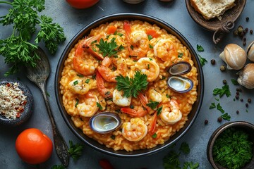Vibrant Seafood Paella in Colorful Flatlay - Fresh Shrimp, Clams, and Herbs for a Culinary Delight