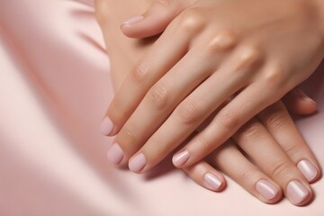 Elegant Hands with Nude Manicure on Pink Satin