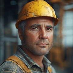 Construction Worker Portrait. Male Laborer with Hard Hat at Urban Construction Site, Skilled Trades and Occupational Safety Focus