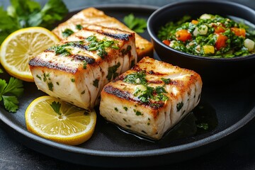 Grilled Fish with Lemon Salsa. A Delicious and Healthy Mediterranean Dish with Fresh Ingredients - Perfect for Elegant Dining and Gourmet Food Lovers
