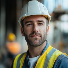 Professional Construction Worker in High Visibility Safety Gear and Helmet at Urban Job Site - Portrait of Dedicated Male Construction Industry Expert