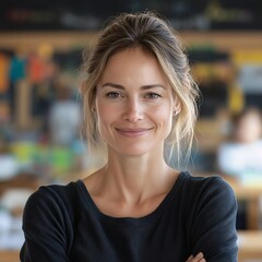 Cheerful Portrait of a Smiling Young Adult Woman in a Creative Workplace Setting with Natural Light and Warm Colors for a Confidence Boost and Positive Interaction