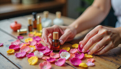 Woman arranging essential oil bottles on a wooden table with petals  
