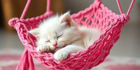  White Kitten Sleeping in a Pink Knit Hammock