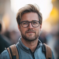 Confident Young Adult Man Outdoors. Stylish Urban Portrait with Glasses and Backpack